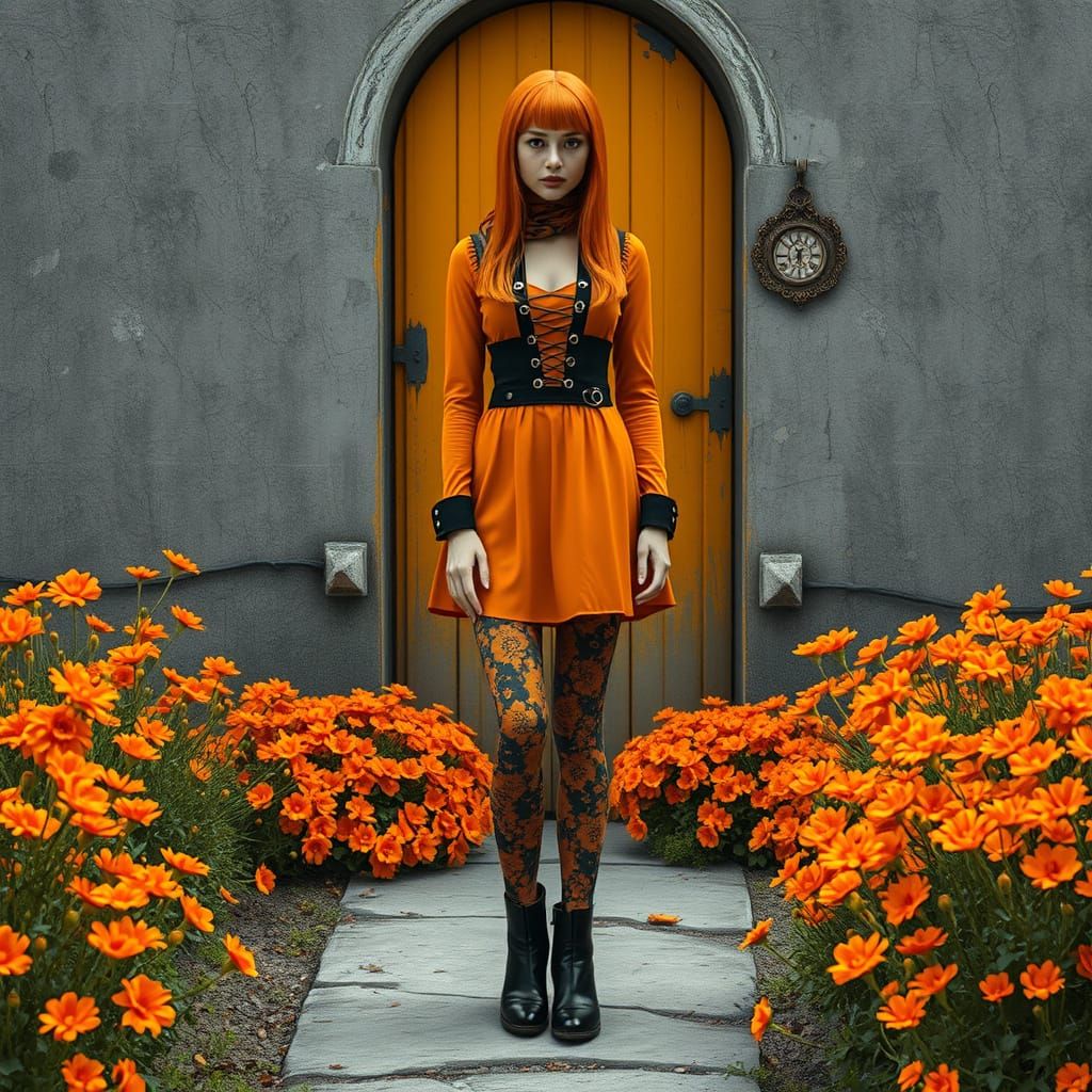ink wash, aerosolgrafia, lady, orange goth dress, orange flo...