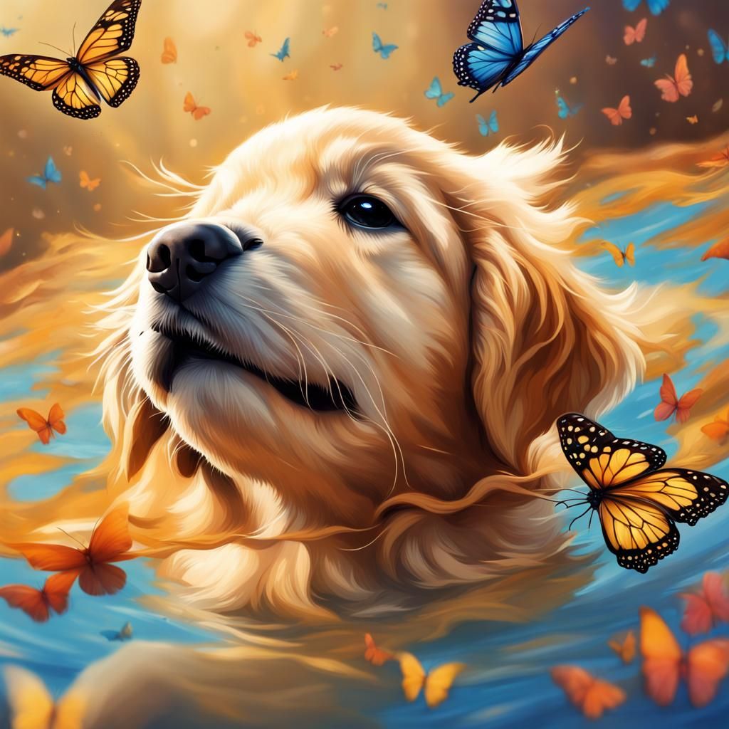 Happy Golden Retriever Puppy with Butterflies
