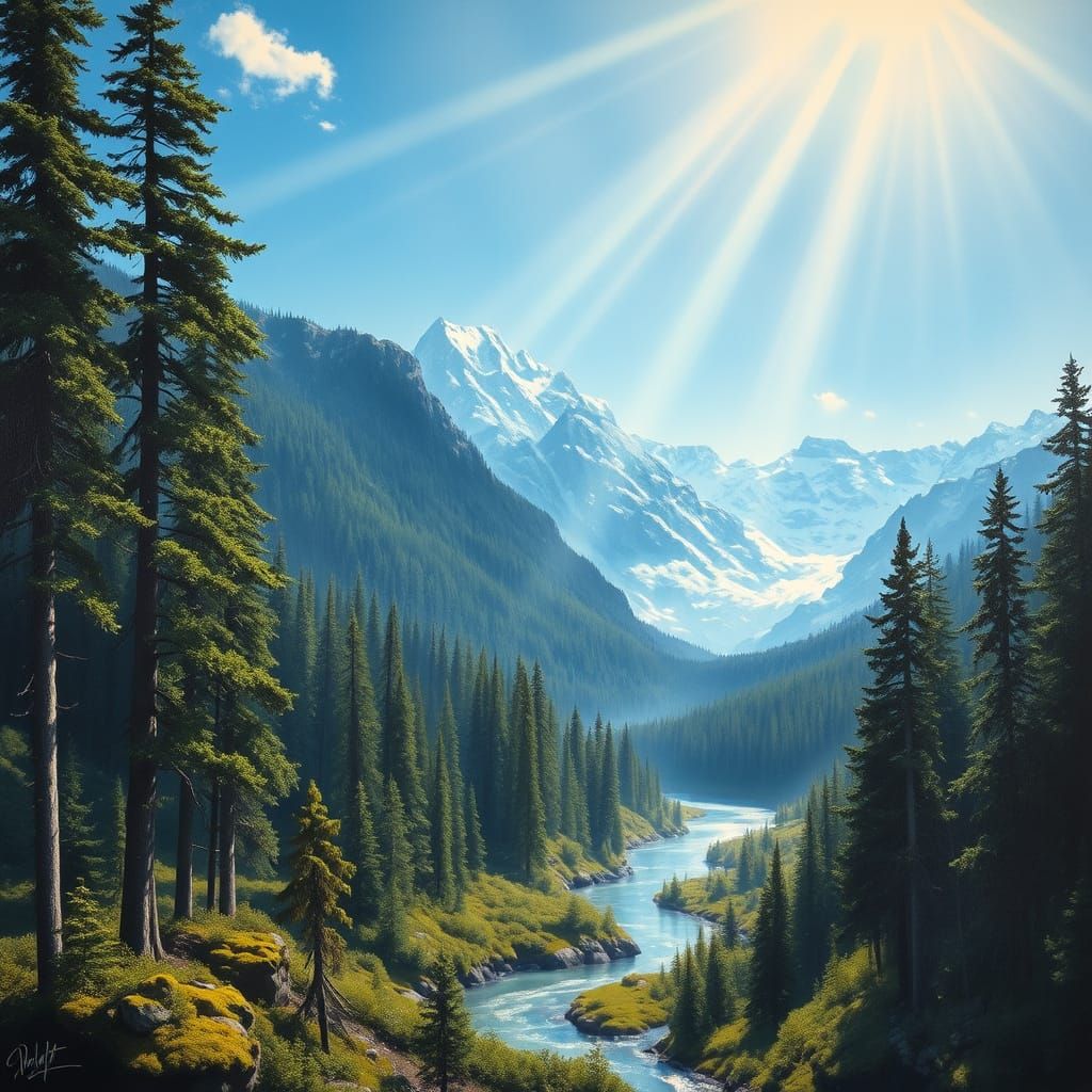 Majestic Forest and Snowy Mountains Landscape Painting