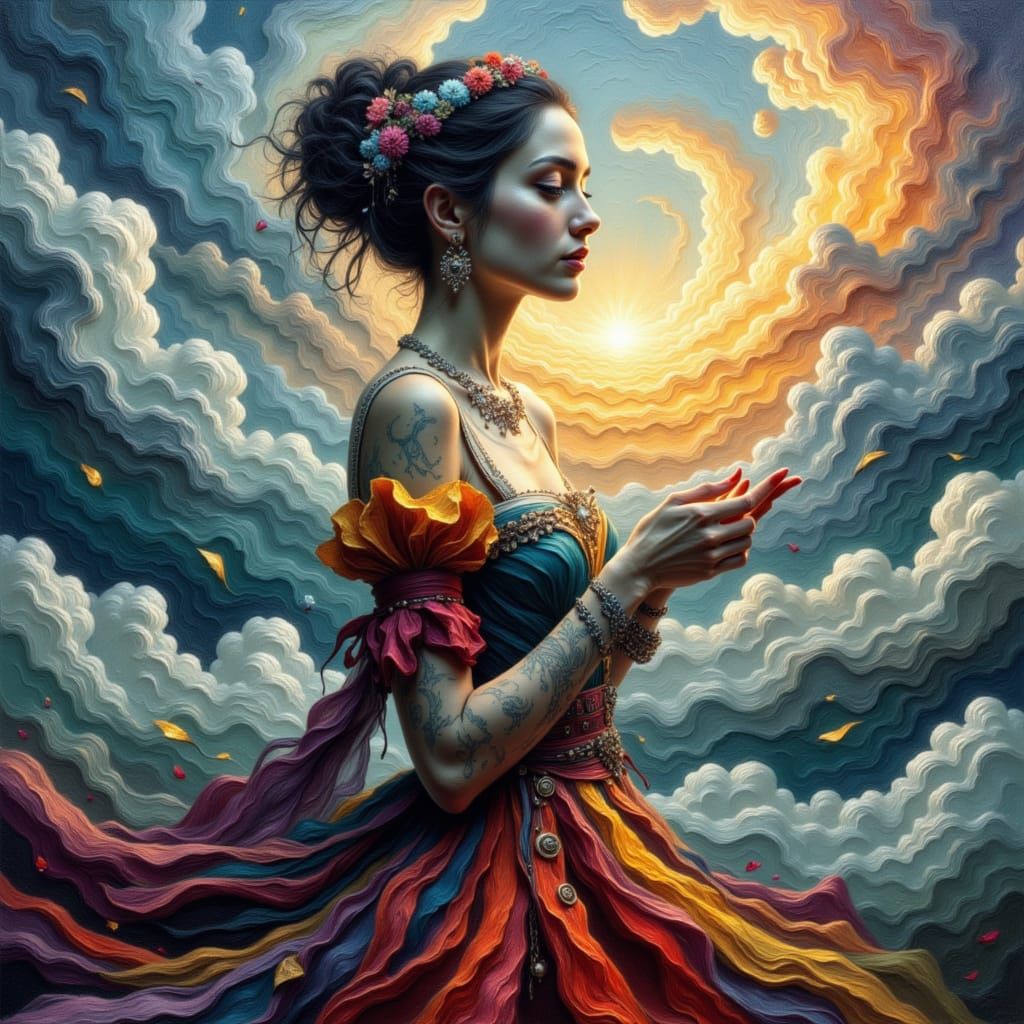 Woman in Mystical Landscape as Impasto Oil Painting