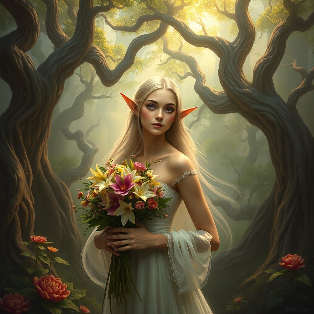 Ethereal Woodland Elf Maiden in Mystical Forest