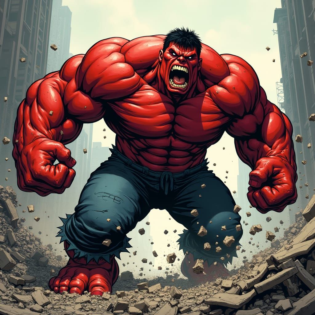 Red Hulk's Fury in War-Torn Cityscape