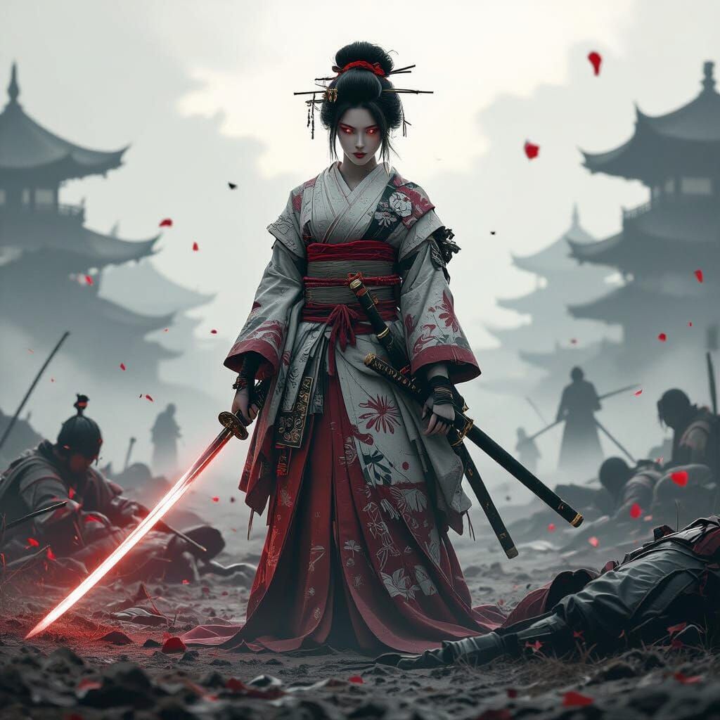 Geisha Warrior Amidst Fallen Samurai: Hyperrealistic Digital...