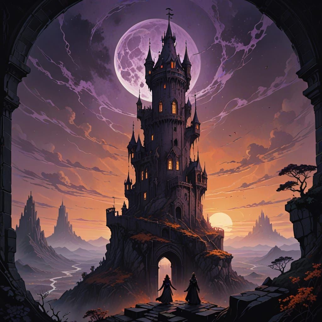 Lone Sorceress on Ancient Tower in Dark Fantasy Art Nouveau ...