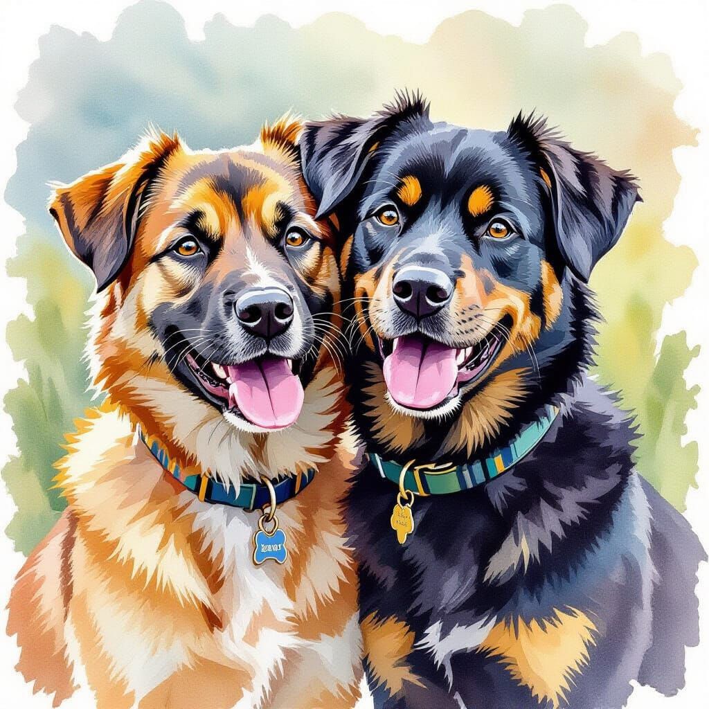 Belgian Tervuren and Groenendael Shepherds in Aquarelle Styl...