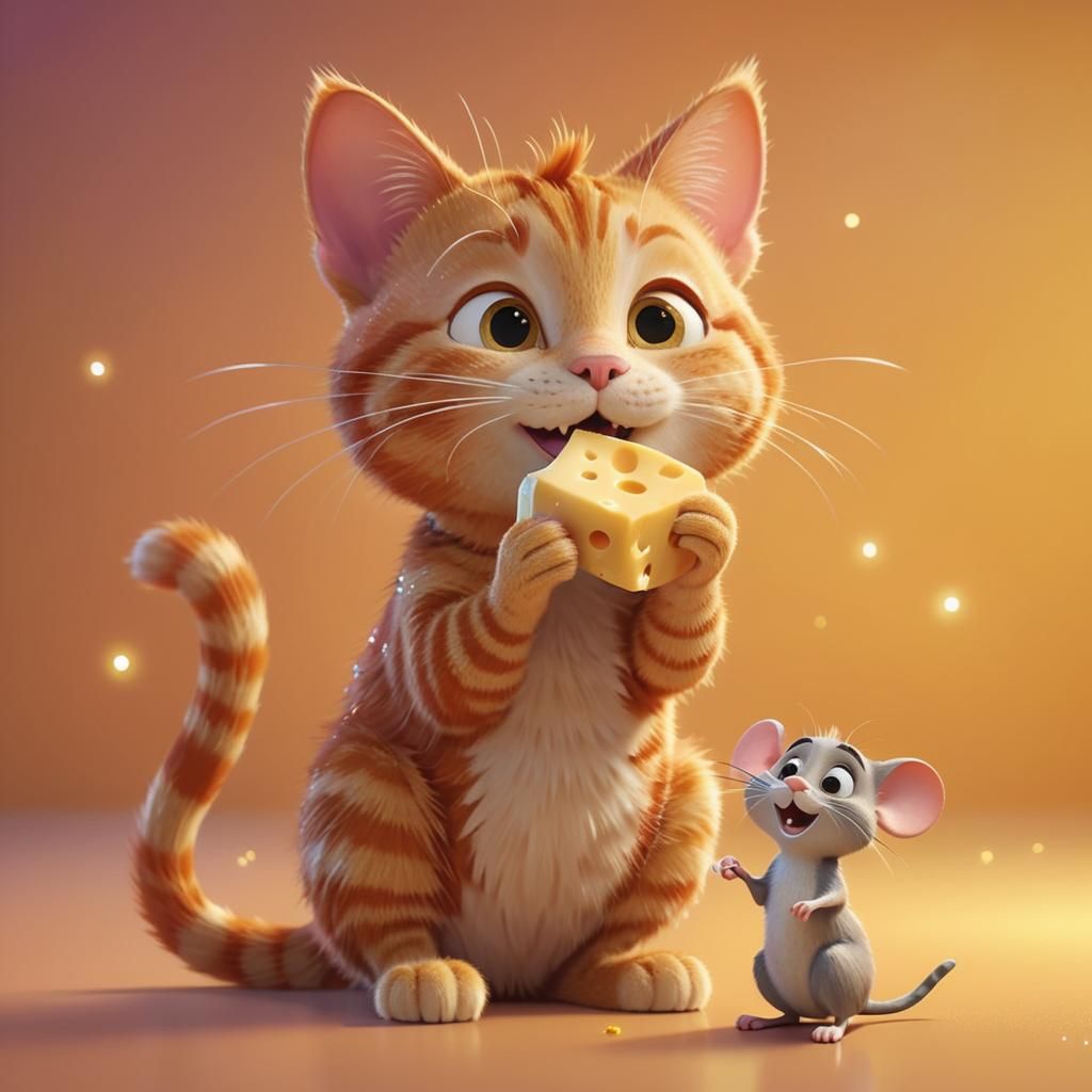 Ginger Cat and Mouse in Whimsical 3D Art