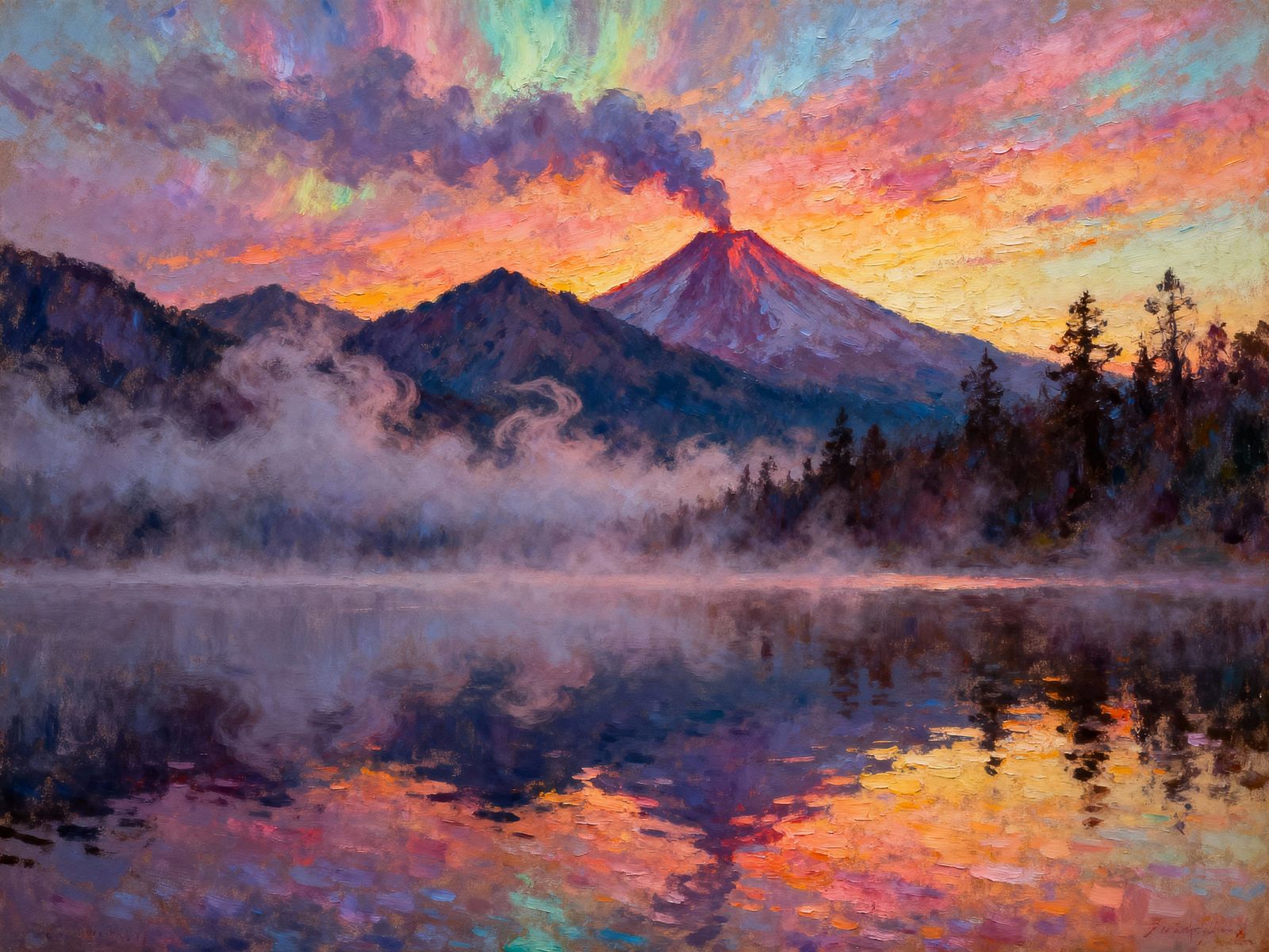 Misty Lake Sunrise Over Majestic Mountains with Volcano