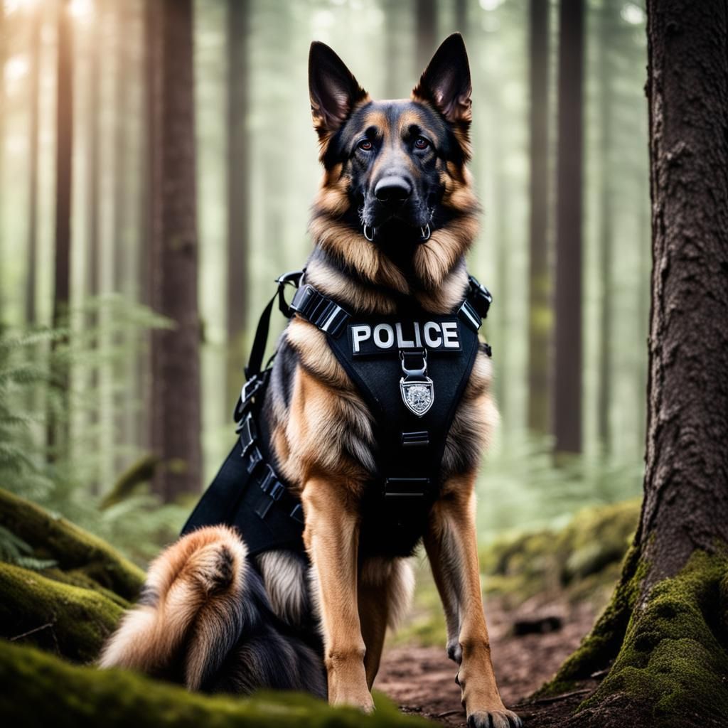Police Officer and German Shepherd in Forest