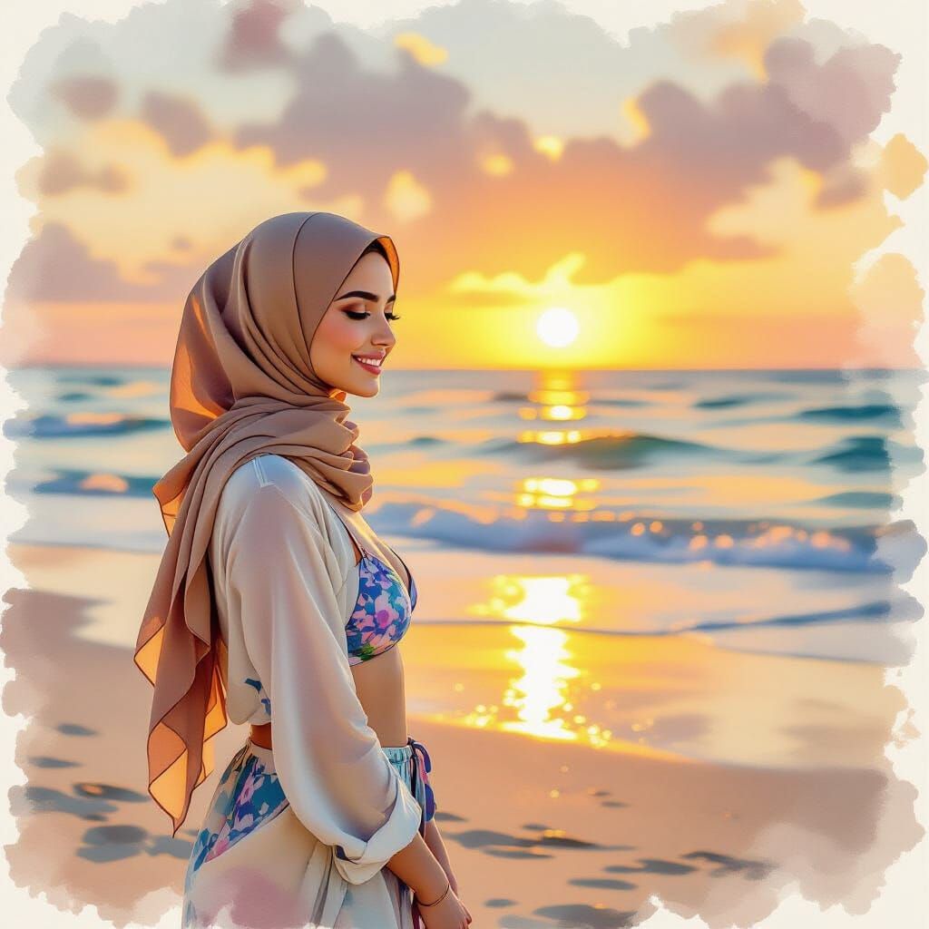 Muslim Woman in Hijab and Bikini on Beach at Sunset
