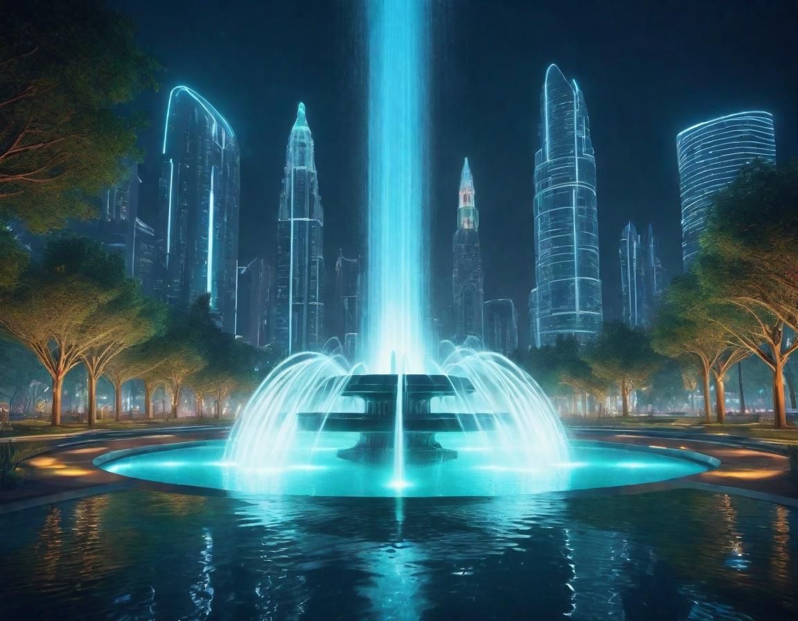 Futuristic Water Fountain in Utopian City Park