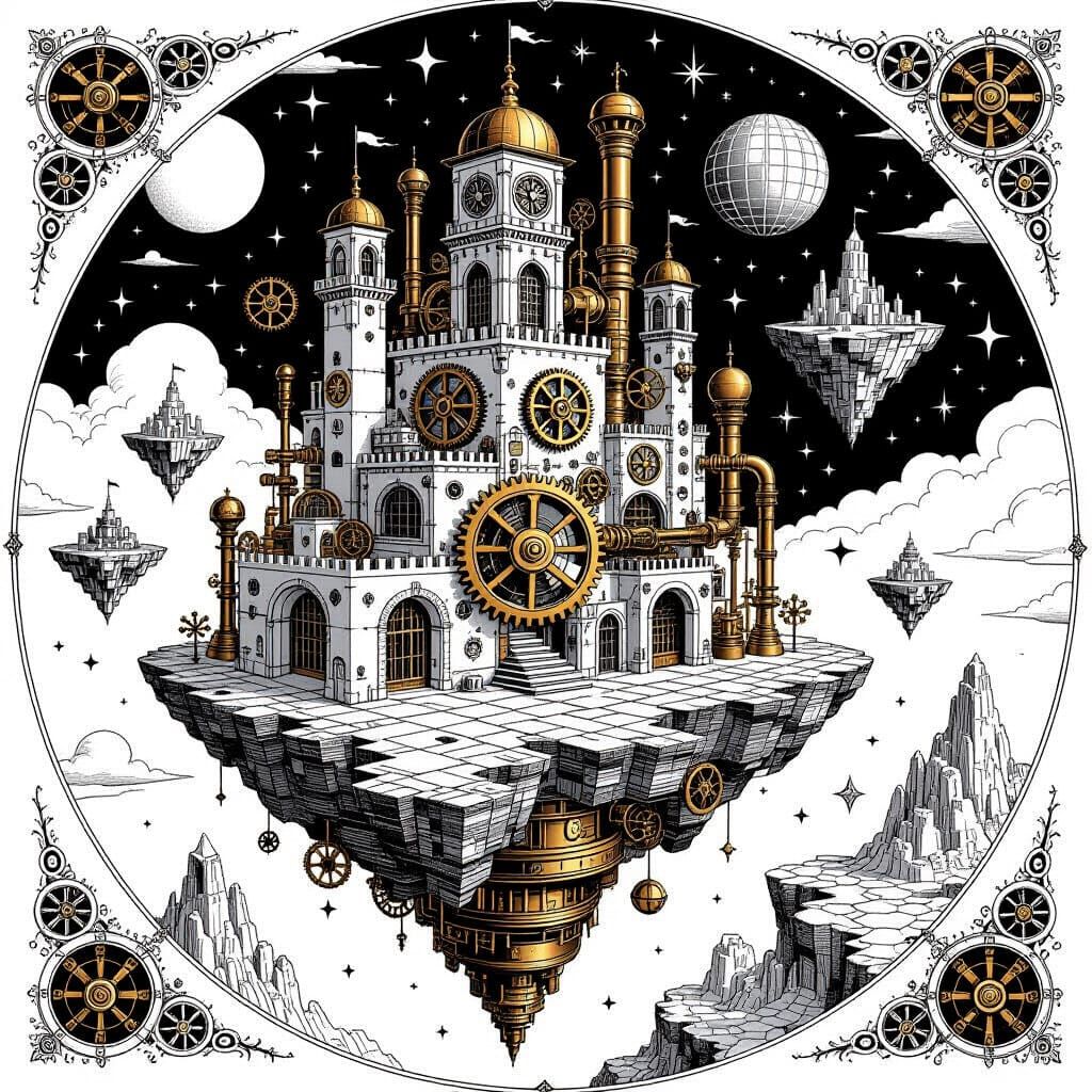 Steampunk Fantastical Landscape in M.C. Escher Style