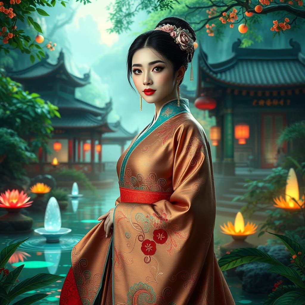Ethereal Hanfu Goddess in Vibrant Fantasy Realm