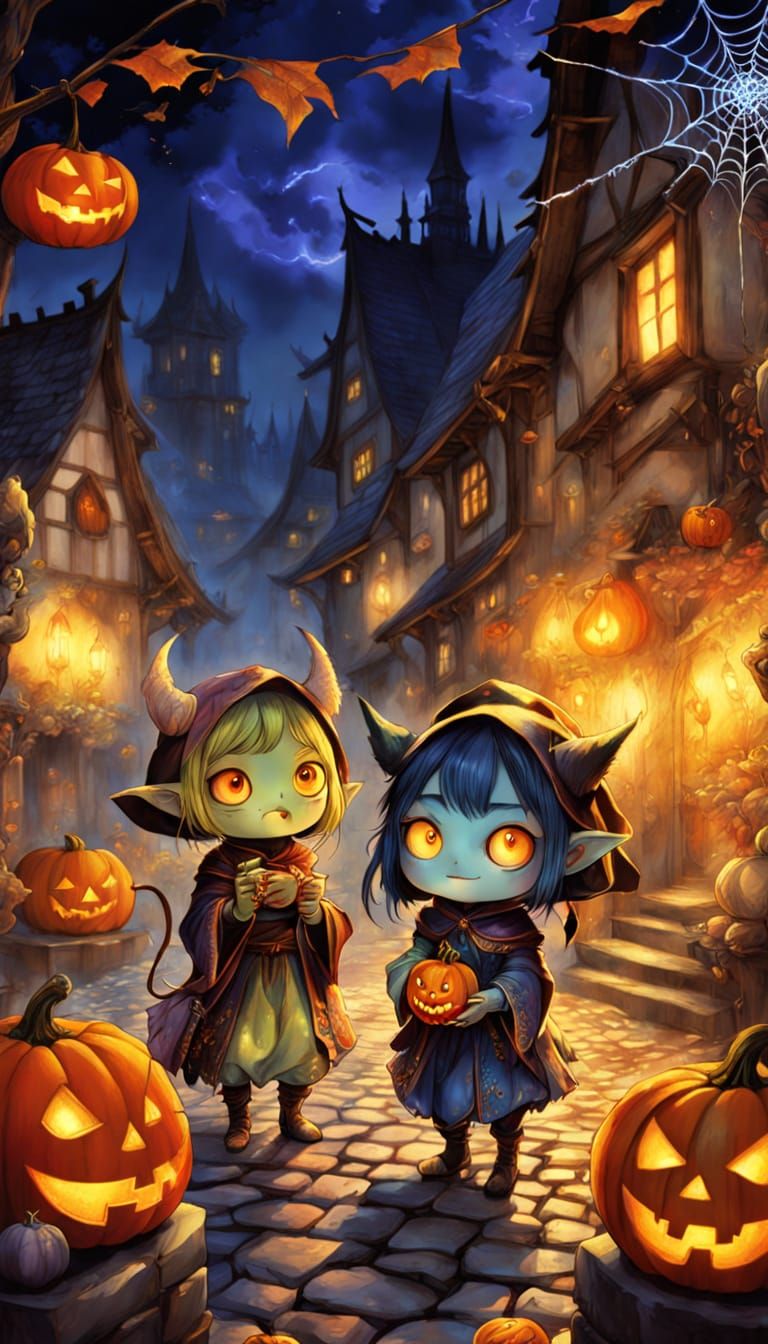 Whimsical Monster Kids Trick-or-Treating in Medieval Village