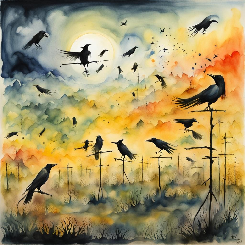 Surrealist Crows Chase Scarecrow in Anti-Gravity World