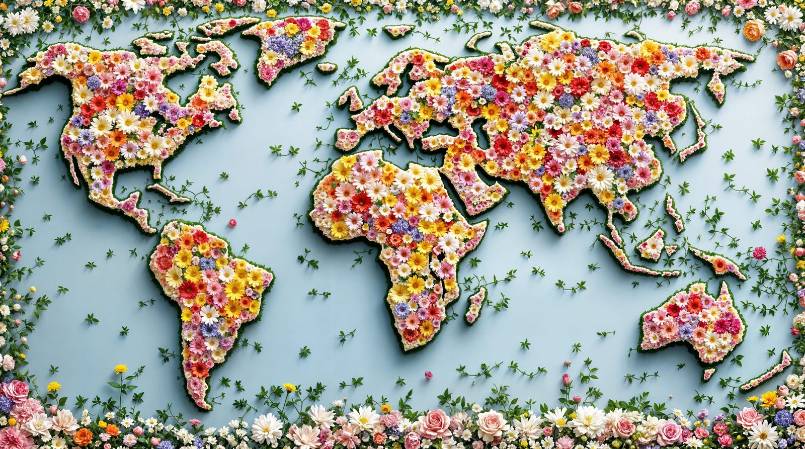 Floral World Map in Vibrant Bloom