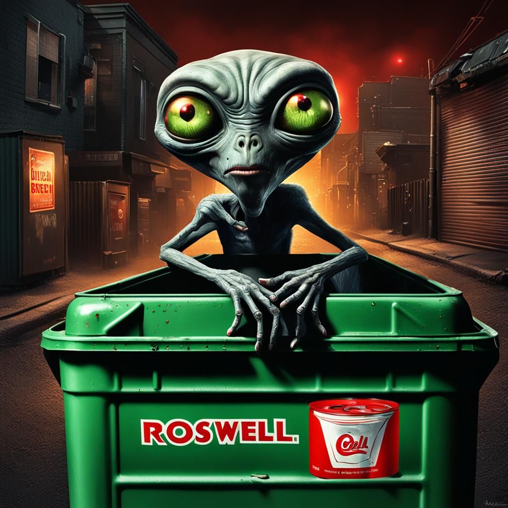 Grey Alien Peeking Out of Dumpster with Soda