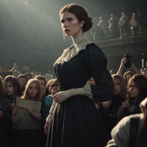 Fearful Girl and Hostile Crowd in Dramatic Oil Painting