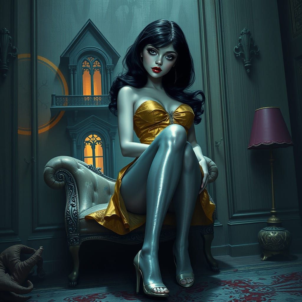 Doll House, Kylie Jenner, silver shiny Pantyhose, purple eyeshadow, red lipstick, big eyelashes, high heels, short dress...