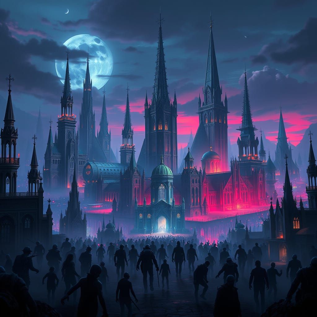 Eerie Futuristic Gothic Cityscape Overrun by Undead