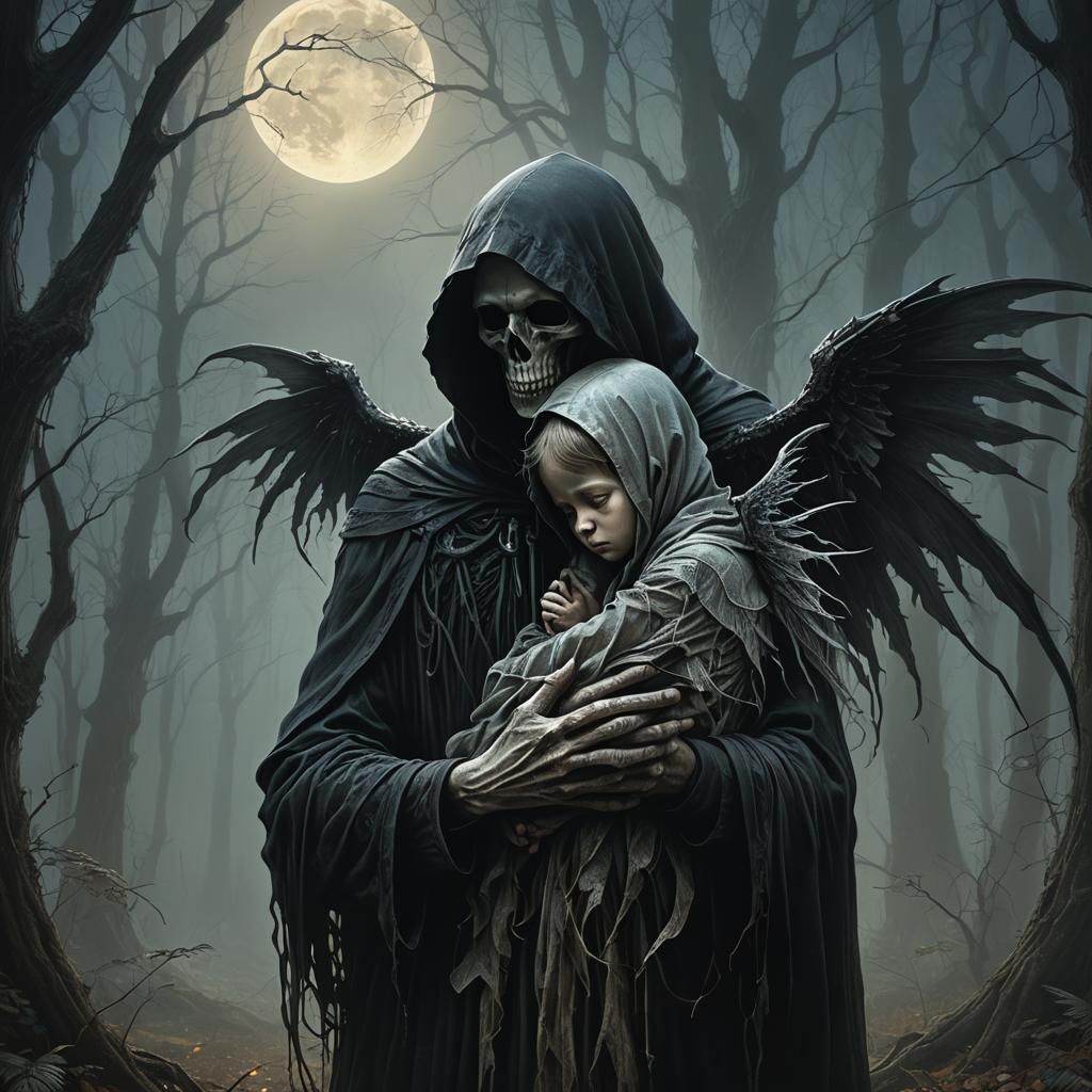 Mystical Grim Reaper Cradling Child in Forest
