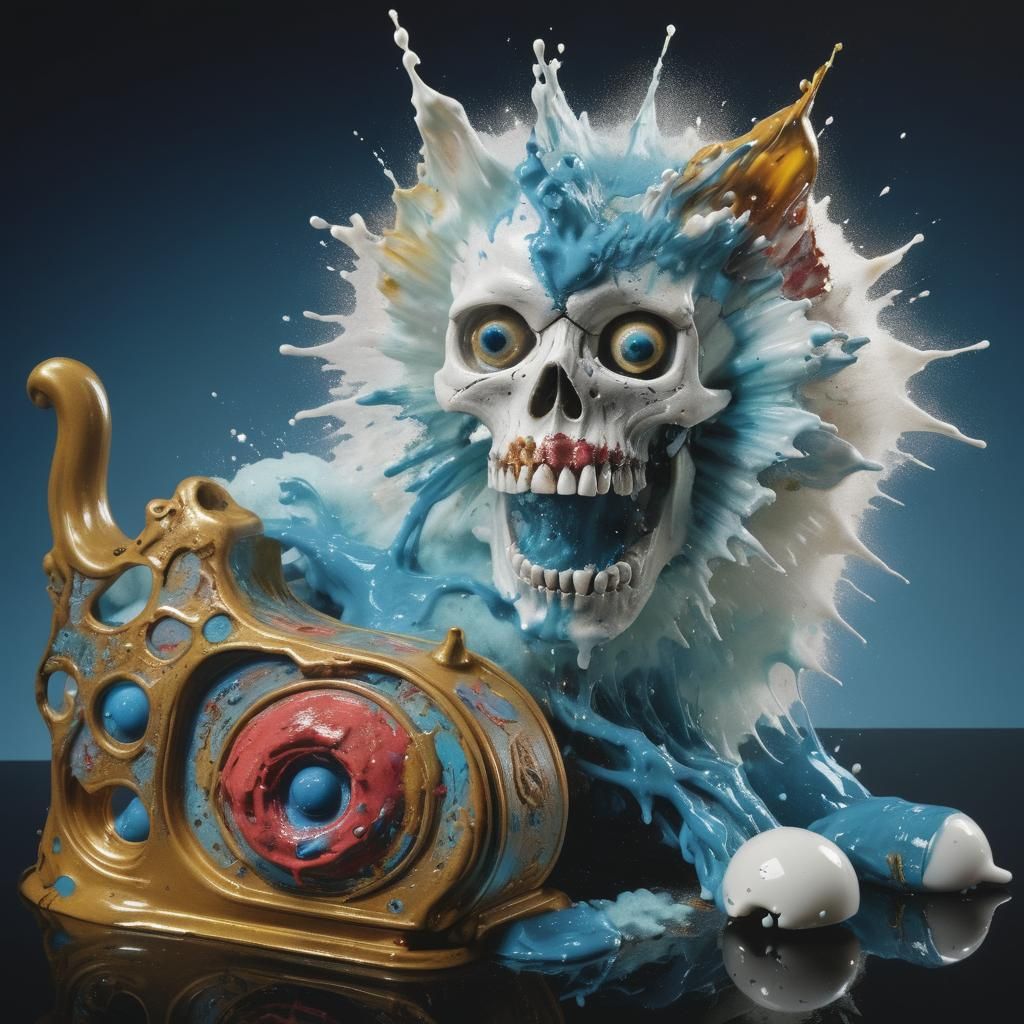 Skull Exploding in Paint: Hyperrealistic Oil Art