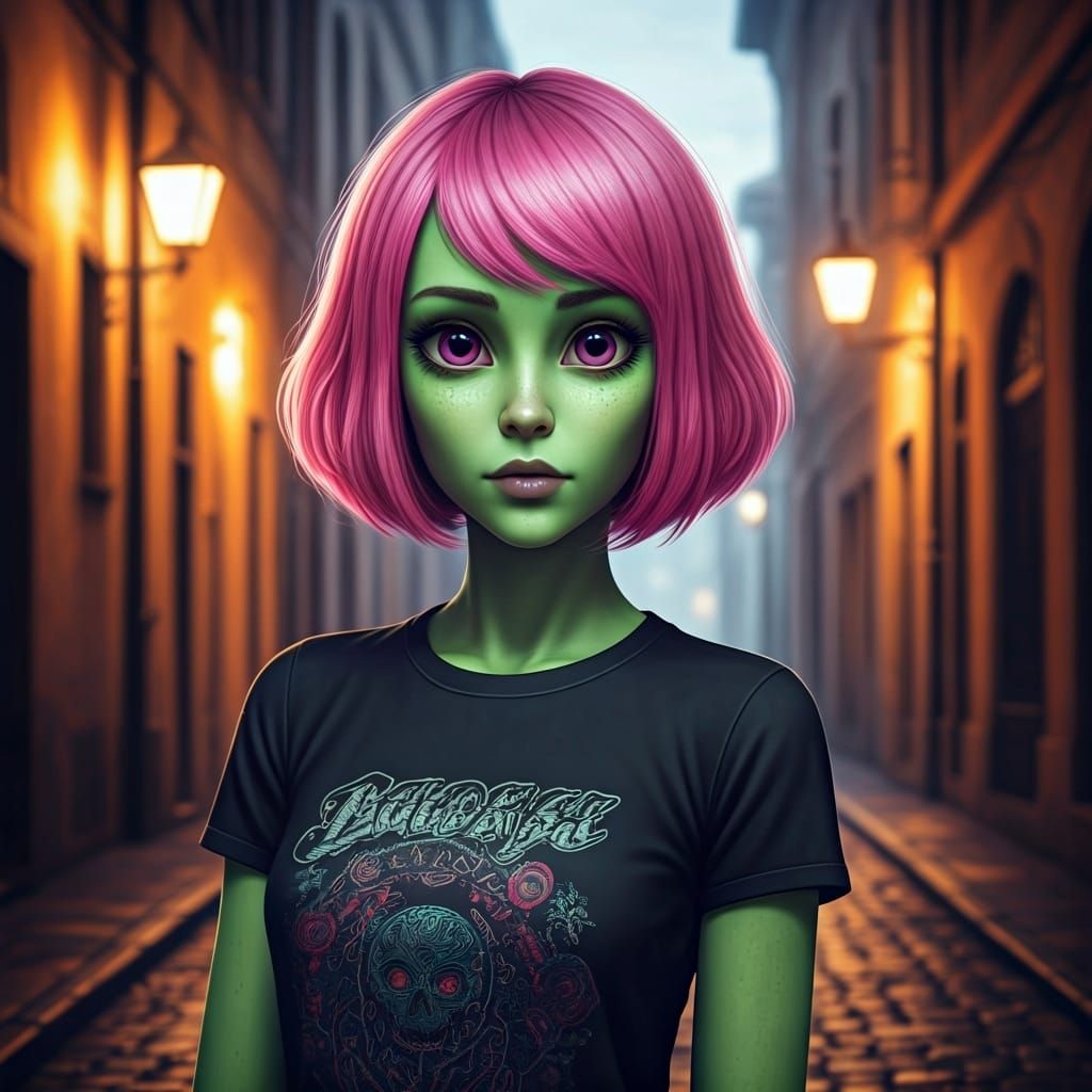 Alien Woman in Neon Alleyway: Digital Art