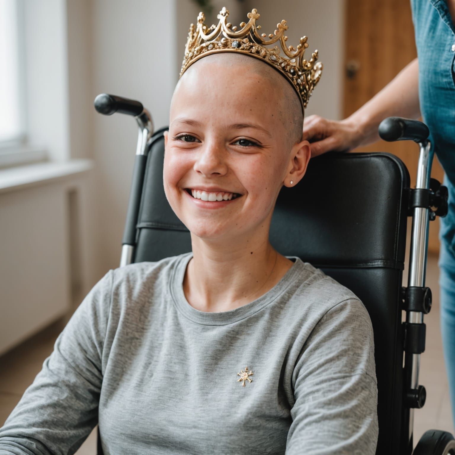 A happy young girl with cancer lying in a wheelchair, bald, ...
