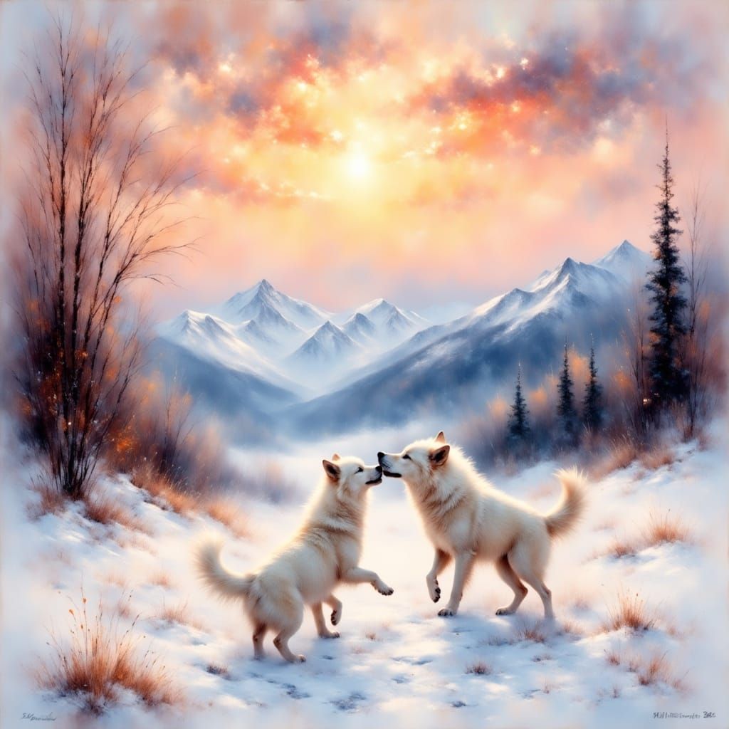 Wolf Cubs Play in Impressionist Winter Sunrise