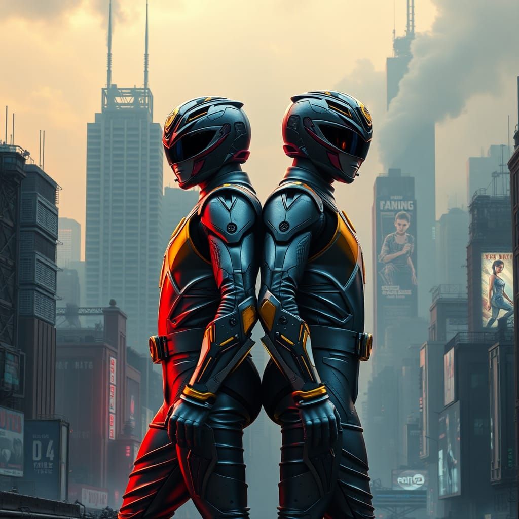 Cyberpunk Power Rangers in Dystopian Cityscape