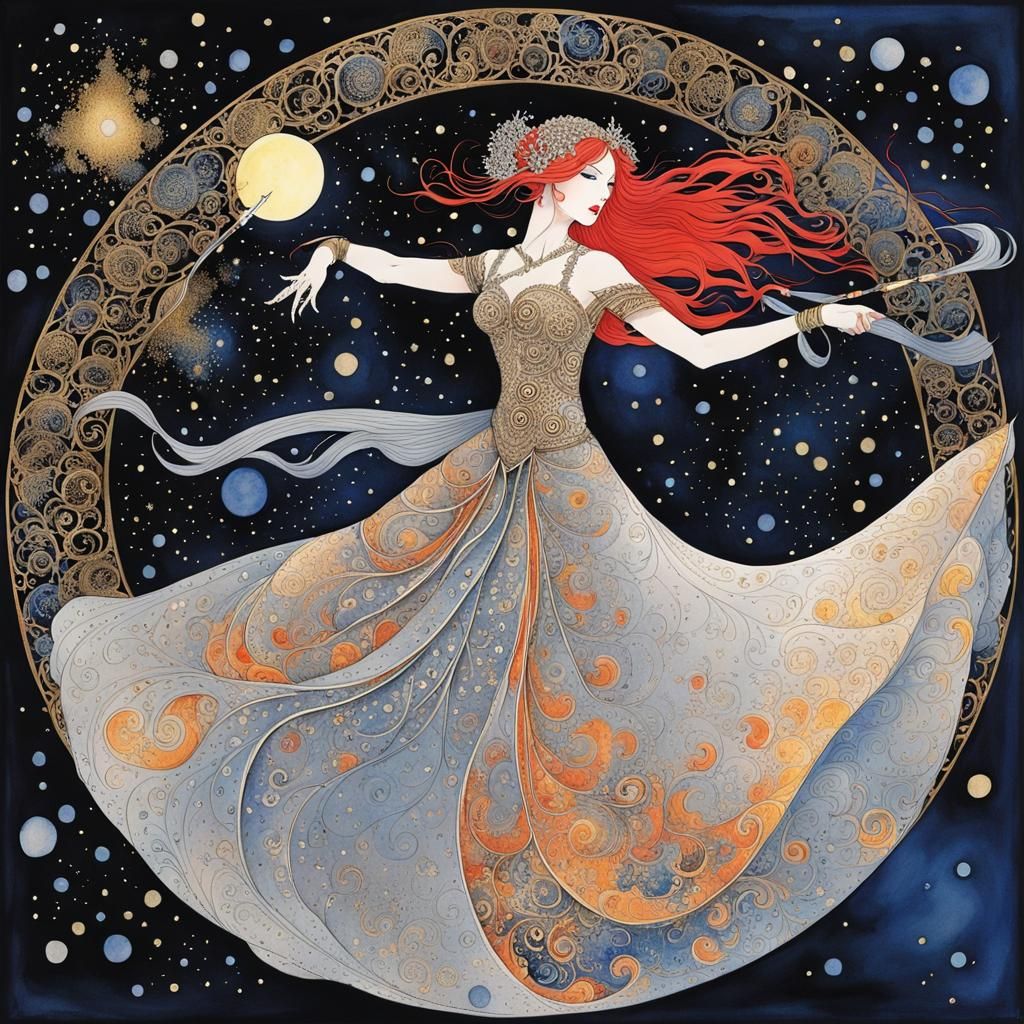Warrior Princess Dancing in Moonlight, Watercolor Art
