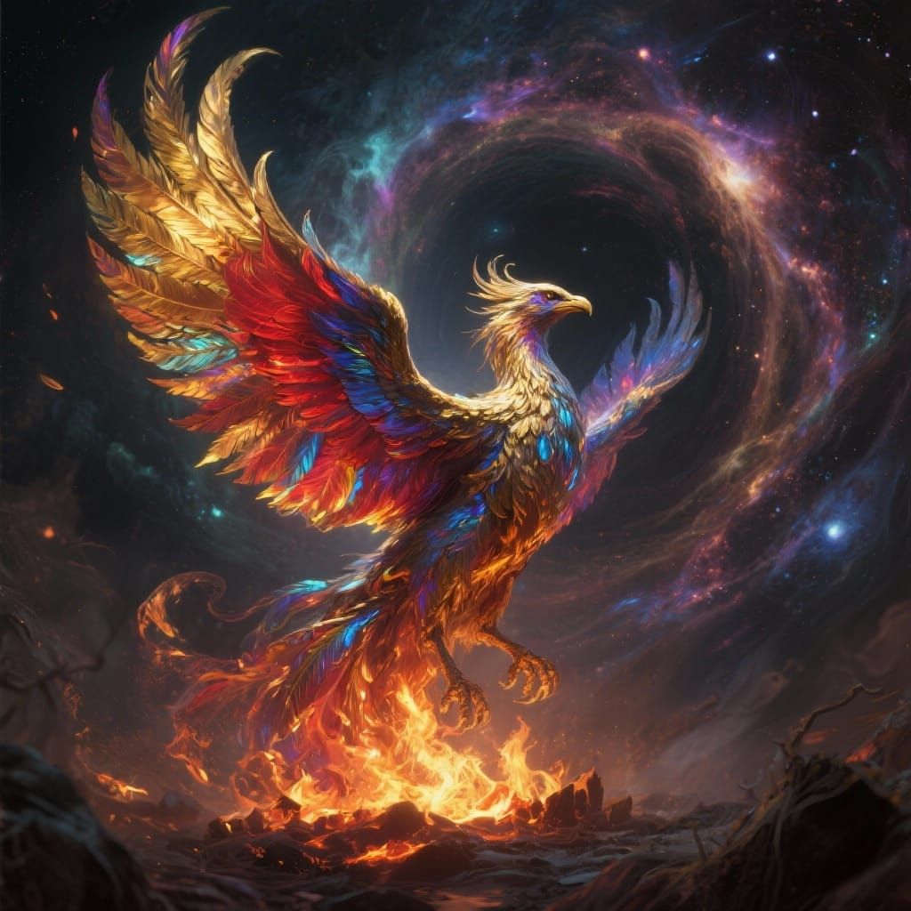 Majestic Phoenix Rises From Embers in Cosmic Fantasy Art