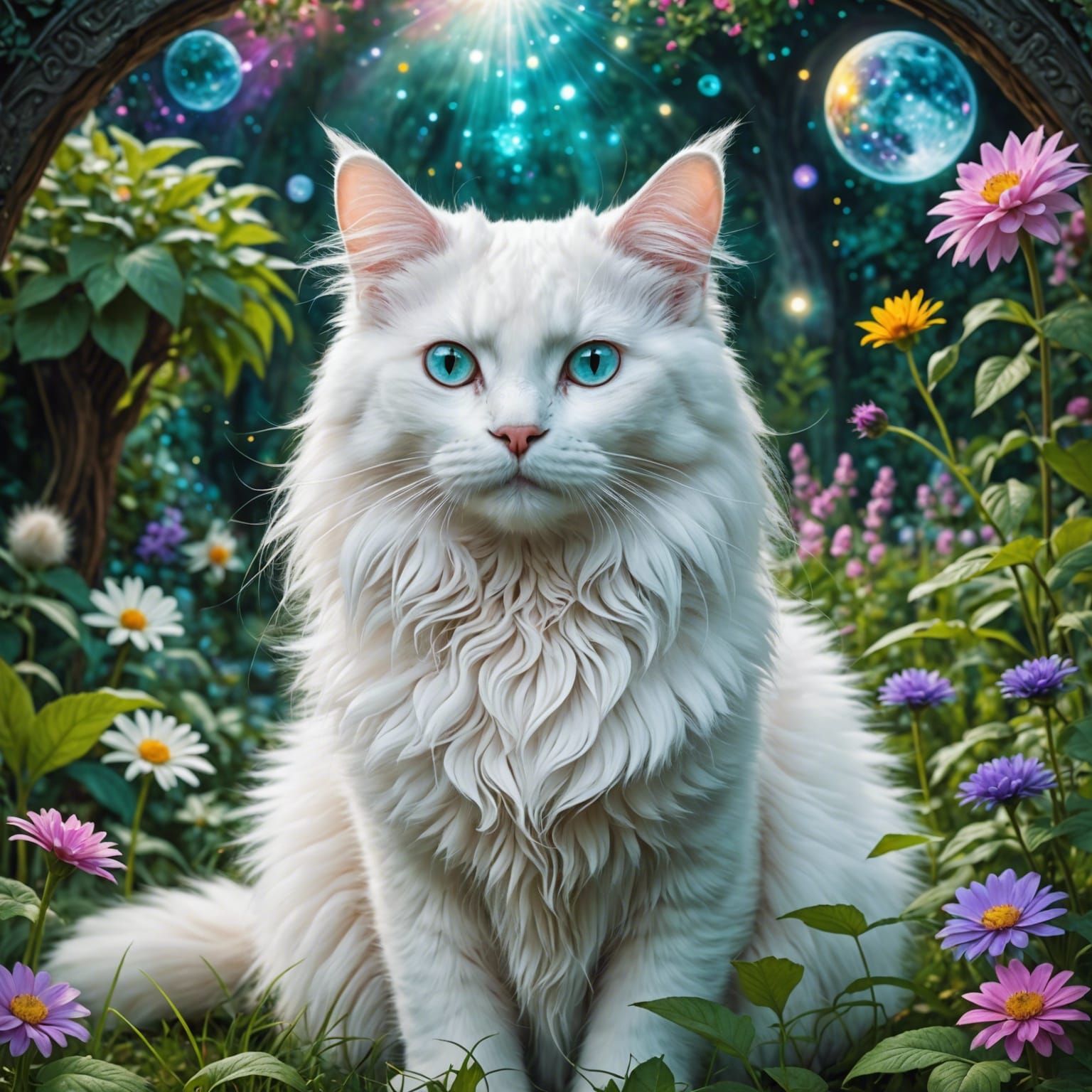 White Cat in Garden: Holographic Astral Illustration