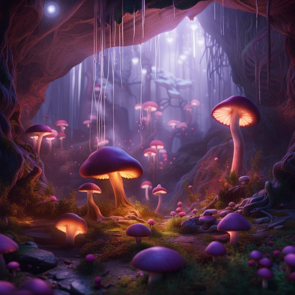Glowing Mushroom Cave with Fairies in Detailed Matte Paintin...