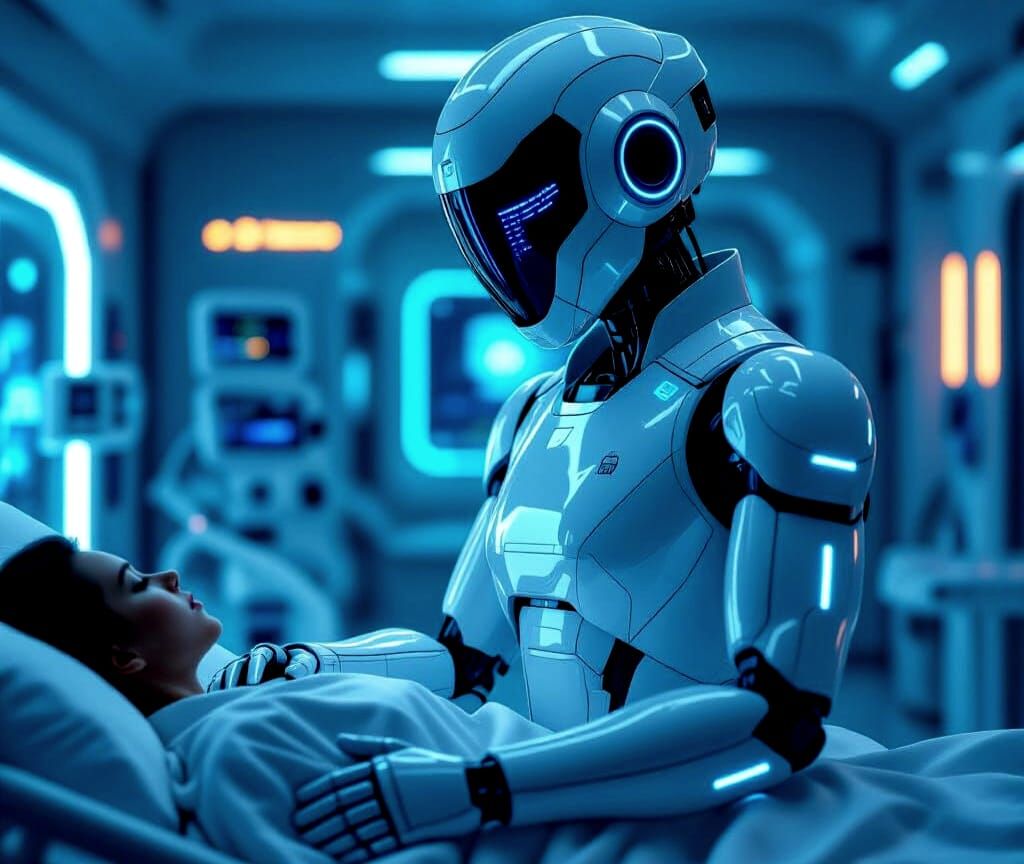 Cyberpunk Healing Robot in Neon Hospital Room