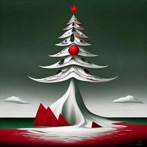 Surrealist Christmas Tree Painting in Black and White