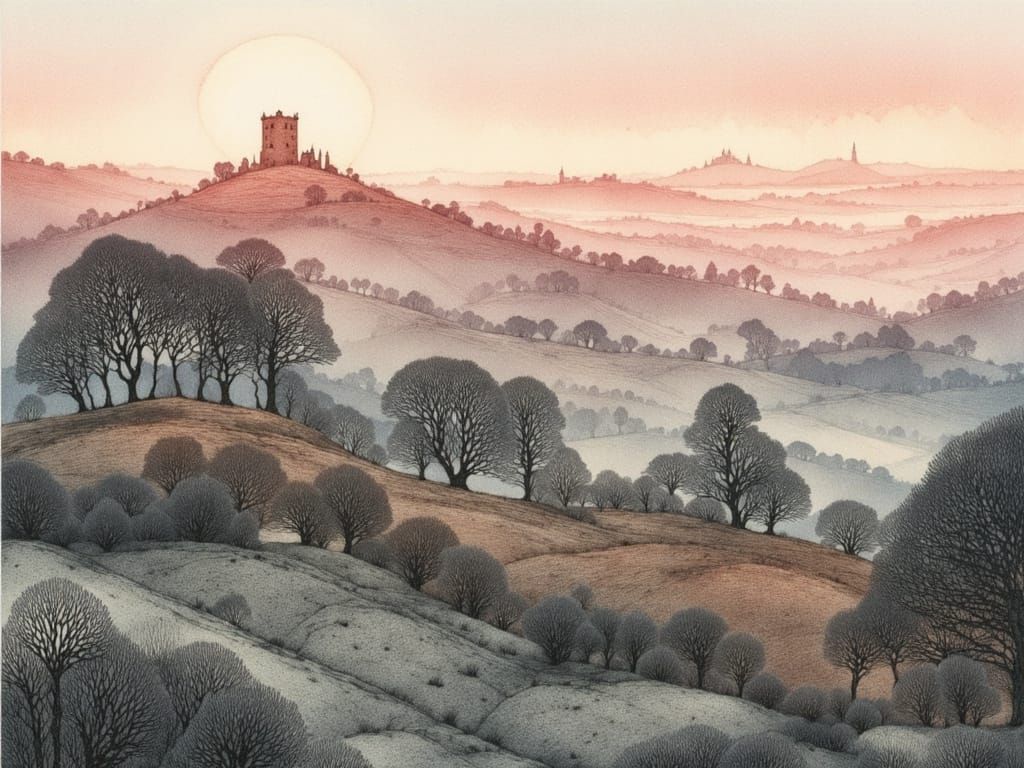 Watercolor Mountains With Ruined Castles in Pink Evening Lig...