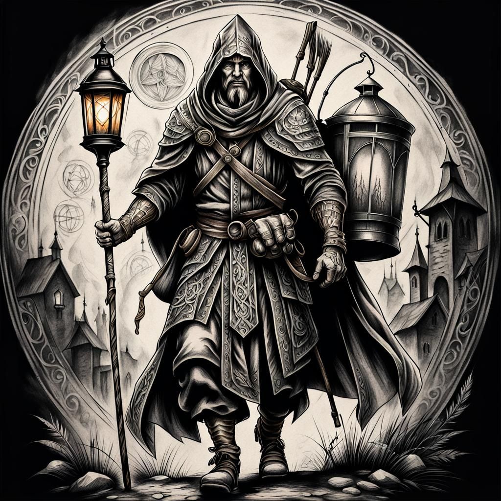 Noble Pilgrim Warrior: Hyperdetailed Charcoal Drawing