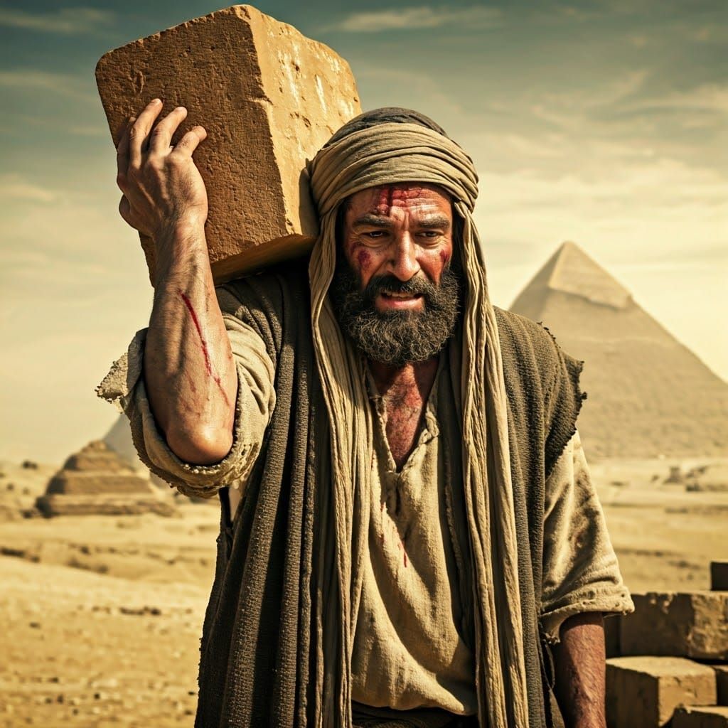 Ancient Jewish Laborer Burdened by Brick in Majestic Egyptia...