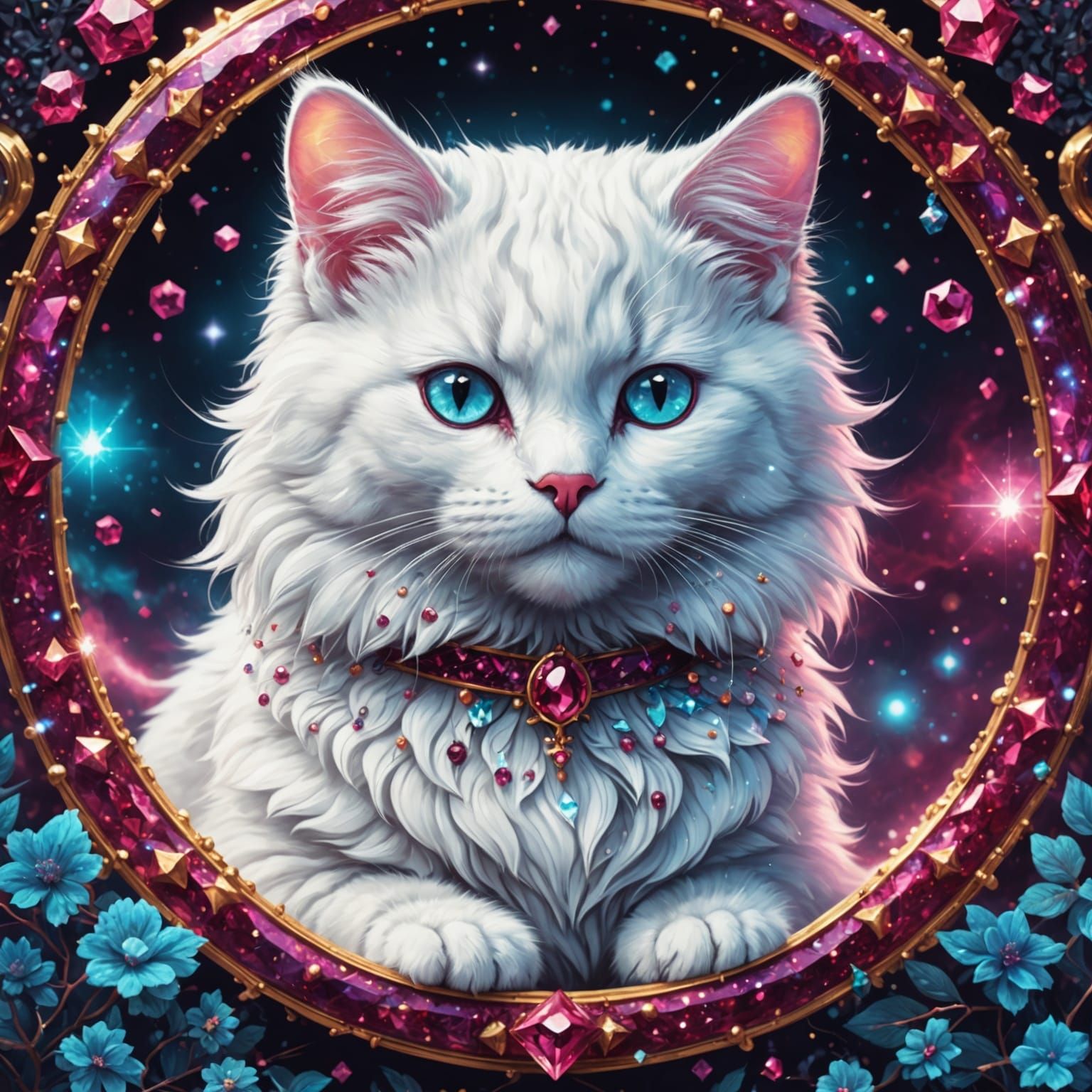 Ruby-Encrusted Kitten: A Cosmic Astral Illustration