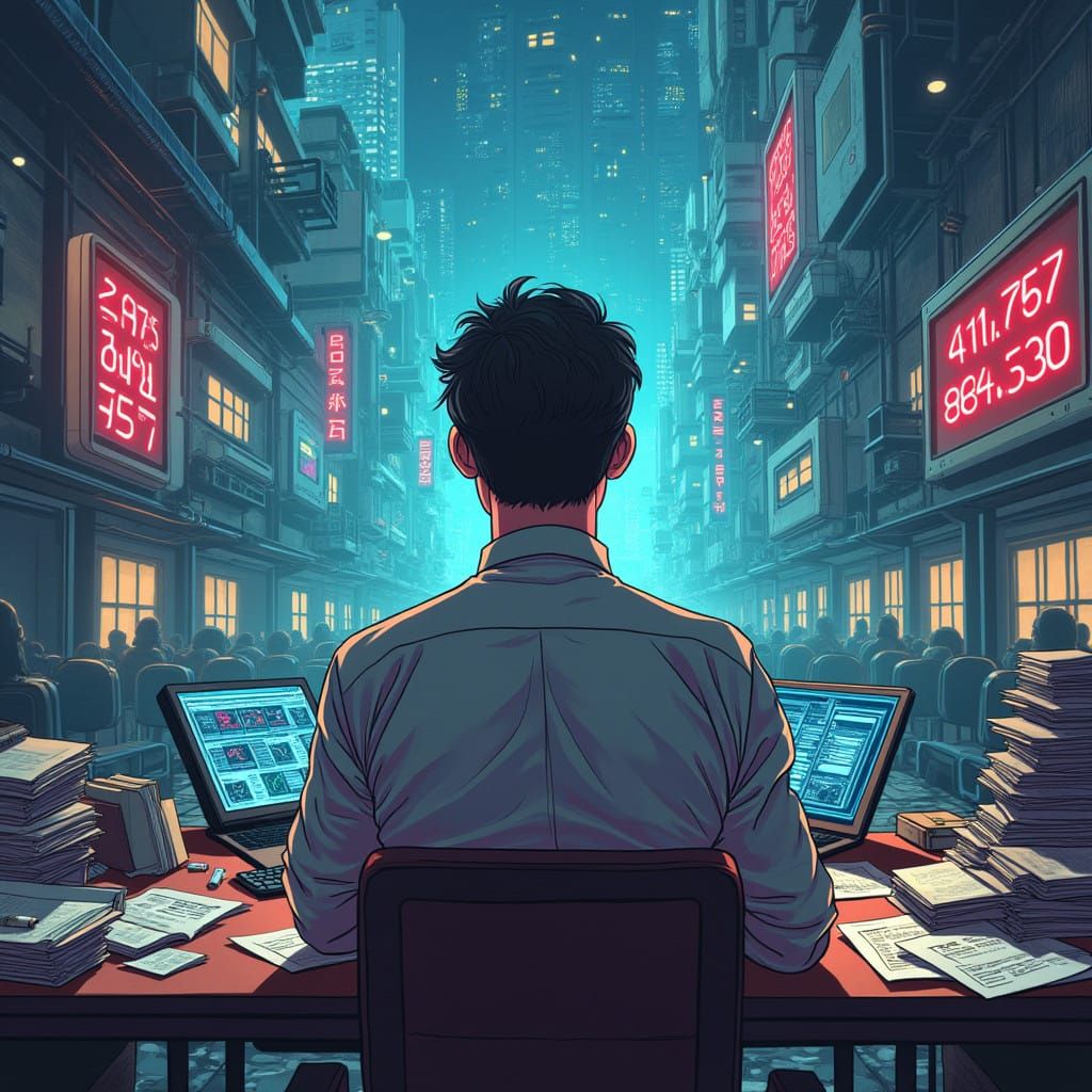 Stressed Executive Drowning in Futuristic Chaos