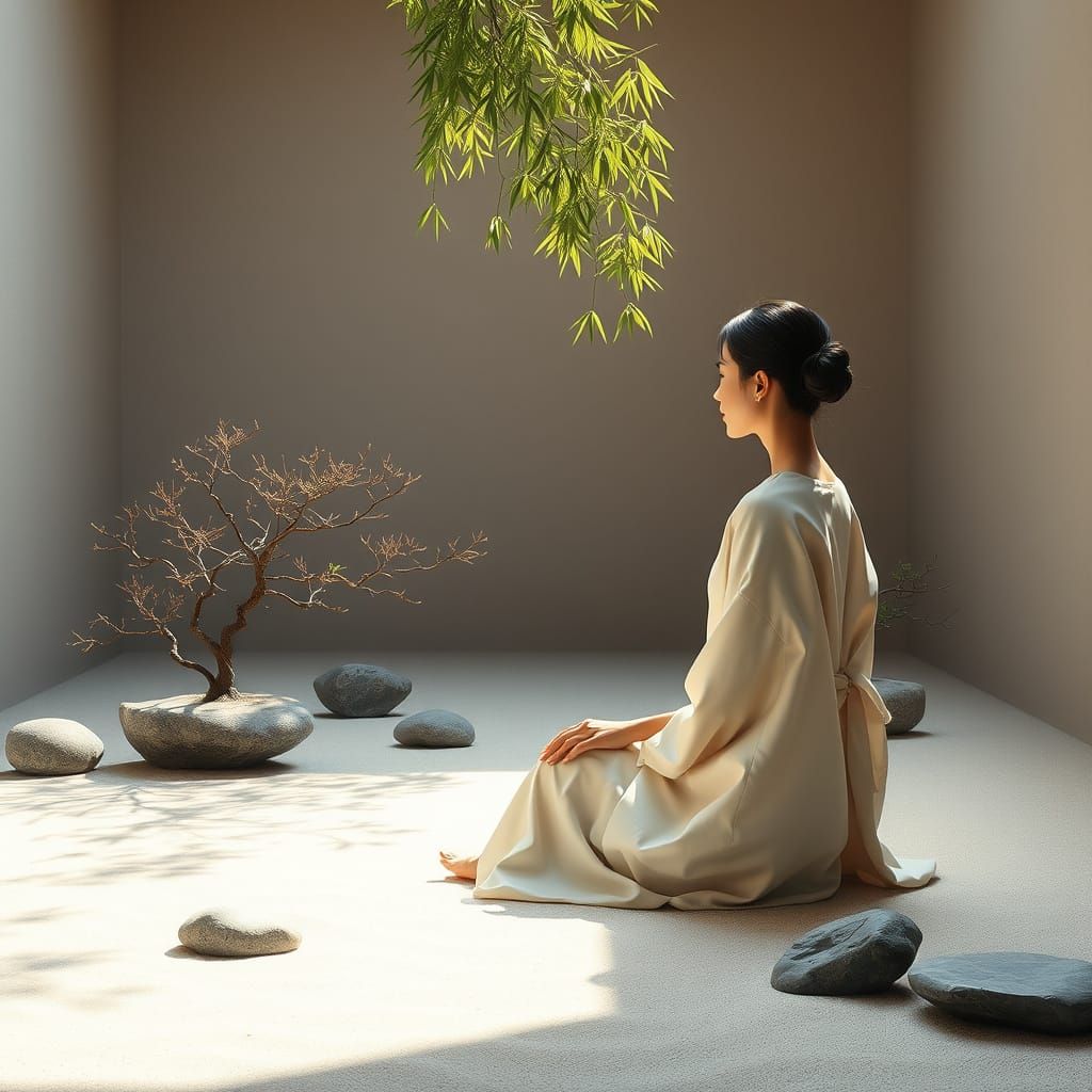 Serene Woman in Minimalist Zen Garden