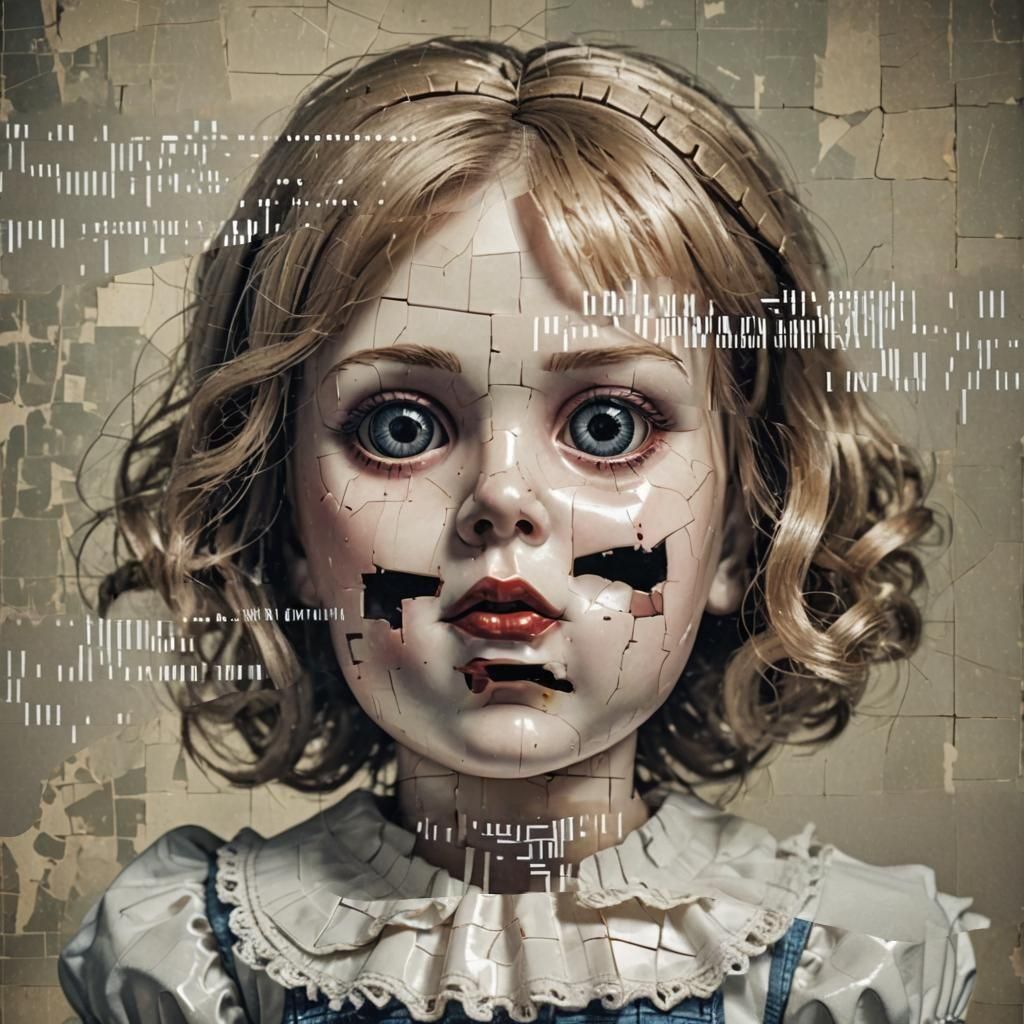 Sinister Cracked Doll in Retro Pixel Style