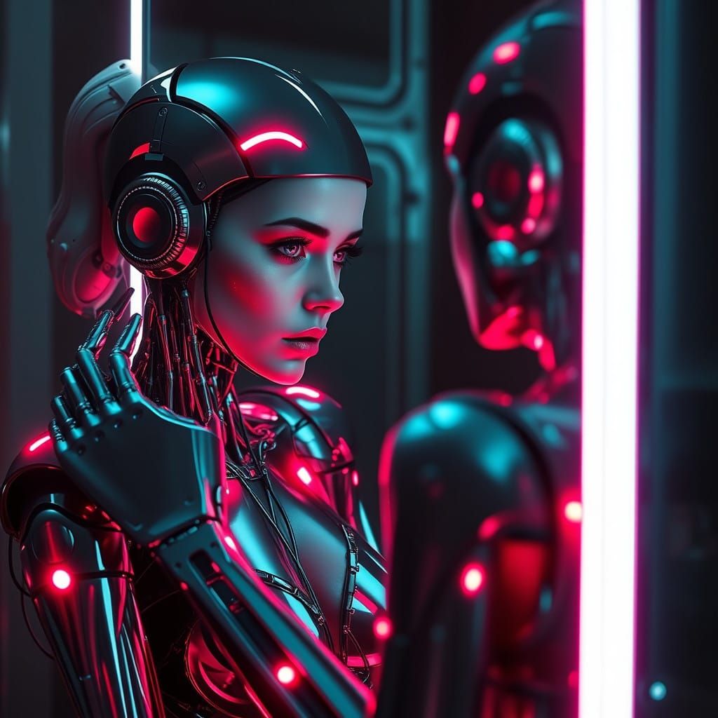 Cyborg Contemplates Human Identity in Neon-Lit Reflection