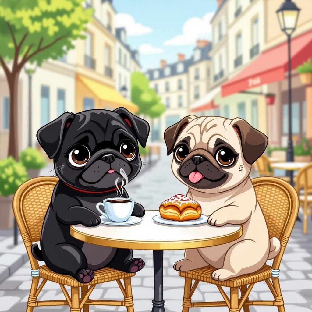 Cartoon Pugs Enjoying Coffee in Paris