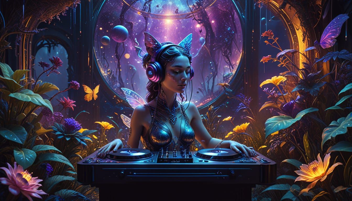 Surreal Fairy Disc Jockey in Vibrant Exotic Garden