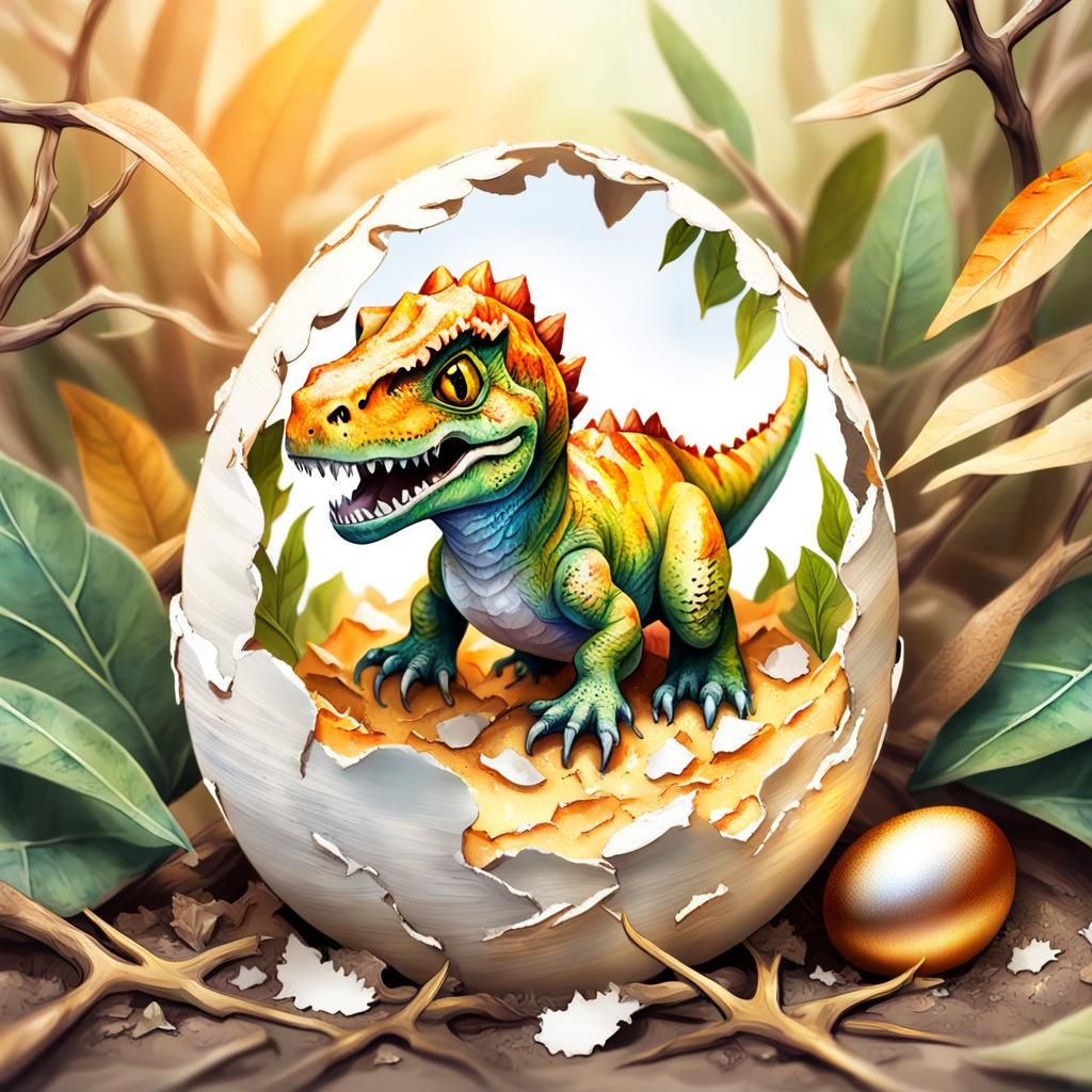 Baby T-Rex Emerges: Watercolor Concept Art