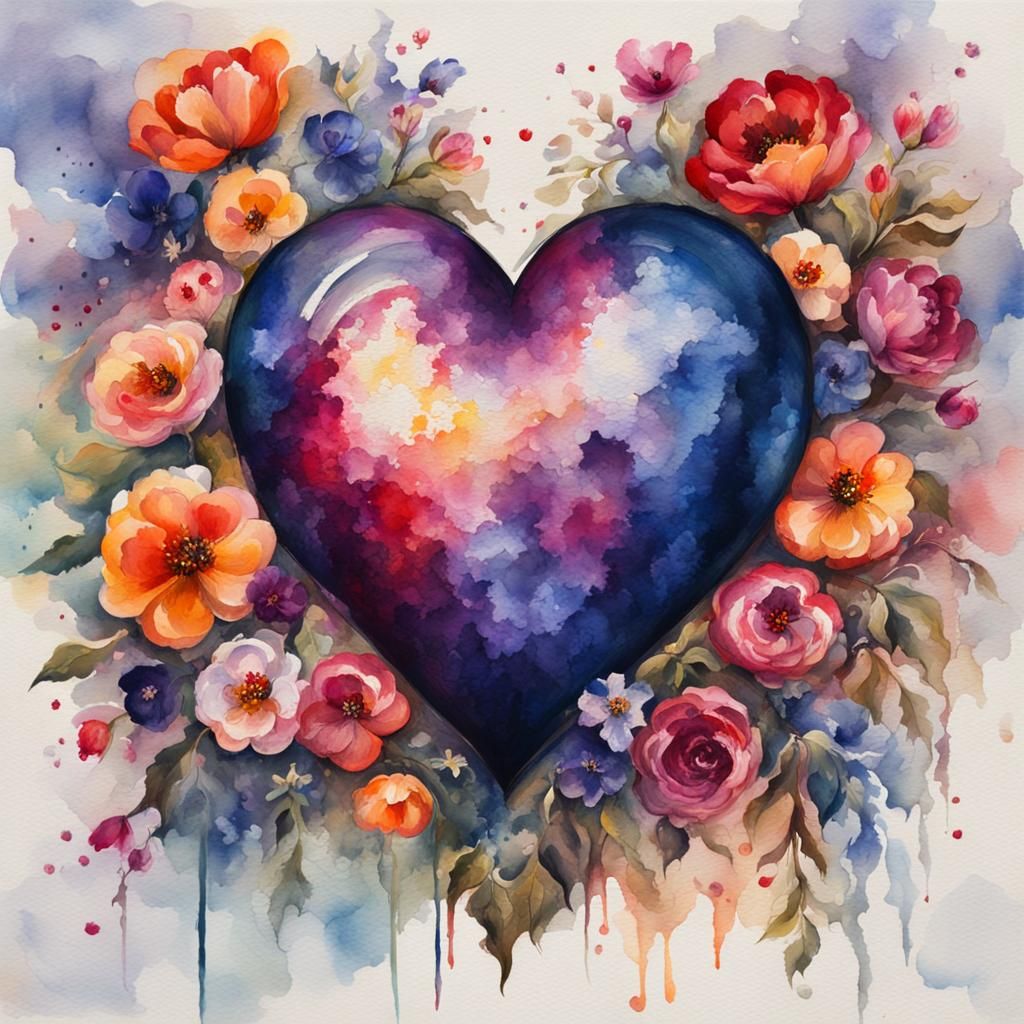 Colorful Heart Surrounded by Flowers in Gouache Style