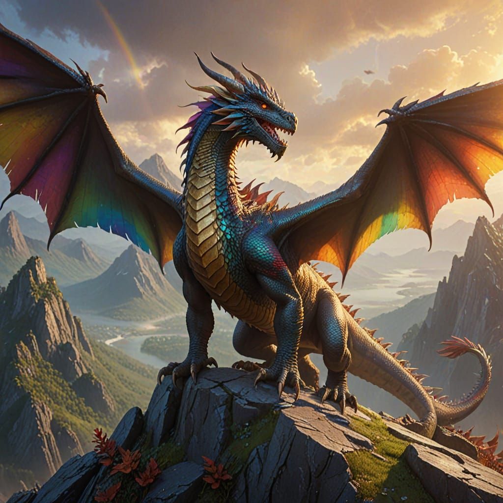 Rainbow Scaled Dragon on Mountain, Oil Painting