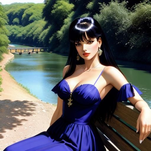 a pretty woman , sitting near river, pretty  hair, pretty dr...