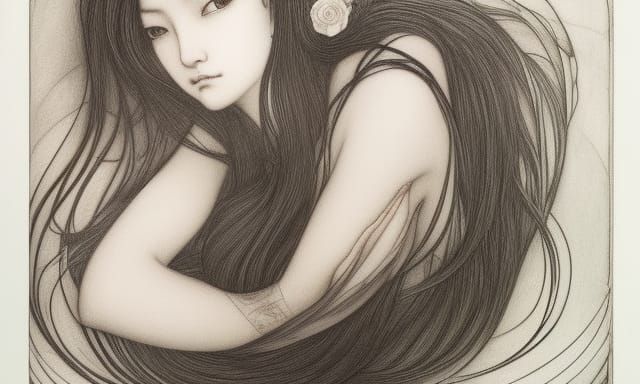 Siren with Flower in Etching Aquatint Style